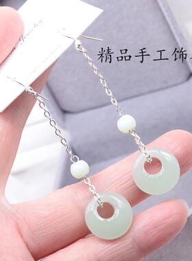 纯银耳环长款东陵玉耳环偏心扣女