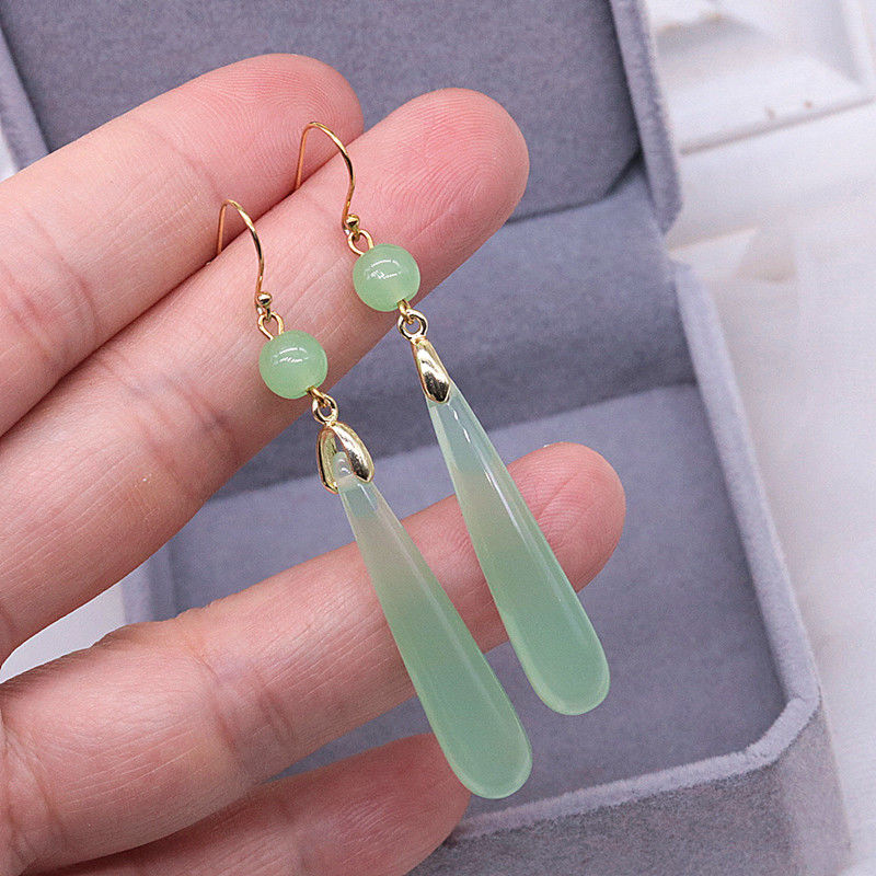 玉耳坠s925银长款绿玛瑙玉髓长水滴耳环14k电镀真金防过敏耳扣女