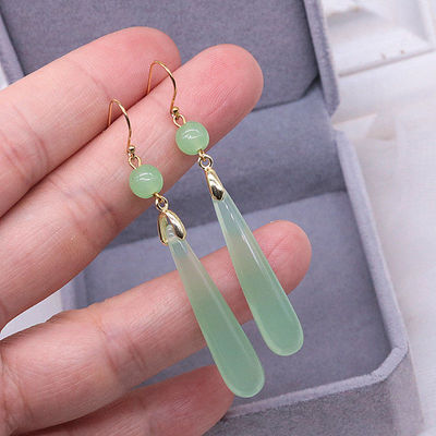 玉耳坠s925银长款绿玛瑙玉髓长水滴耳环14k电镀真金防过敏耳扣女