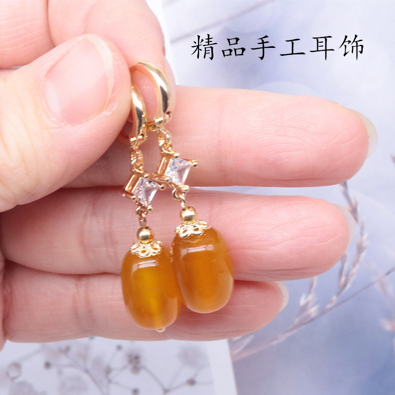 新款天然蜜蜡耳坠长款镶嵌锆石黄水晶耳环14k包金耳扣原创复古女