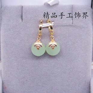 14k镀金耳扣天然东陵玉耳环短款复古宫廷小巧耳坠平安扣原创玉石