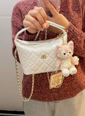 小香风25C早春新款白色手提饭盒包真皮菱格链条包包单肩斜挎女包