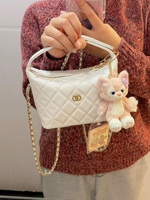 小香风25C早春新款白色手提饭盒包真皮菱格链条包包单肩斜挎女包