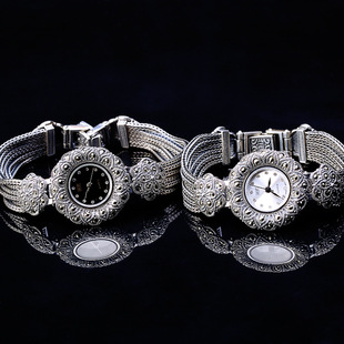 S925纯银手表防水泰银复古精工镶石时尚大气泰国女士款编织手链饰