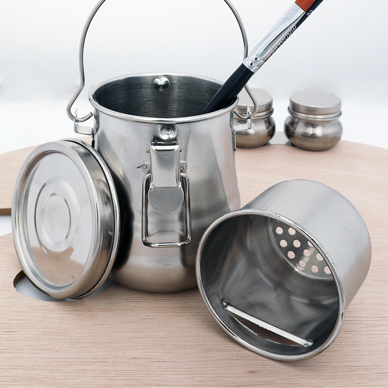 油画油壶不锈钢洗笔壶美术生专用工具金属调色油防漏带盖子洗笔桶防