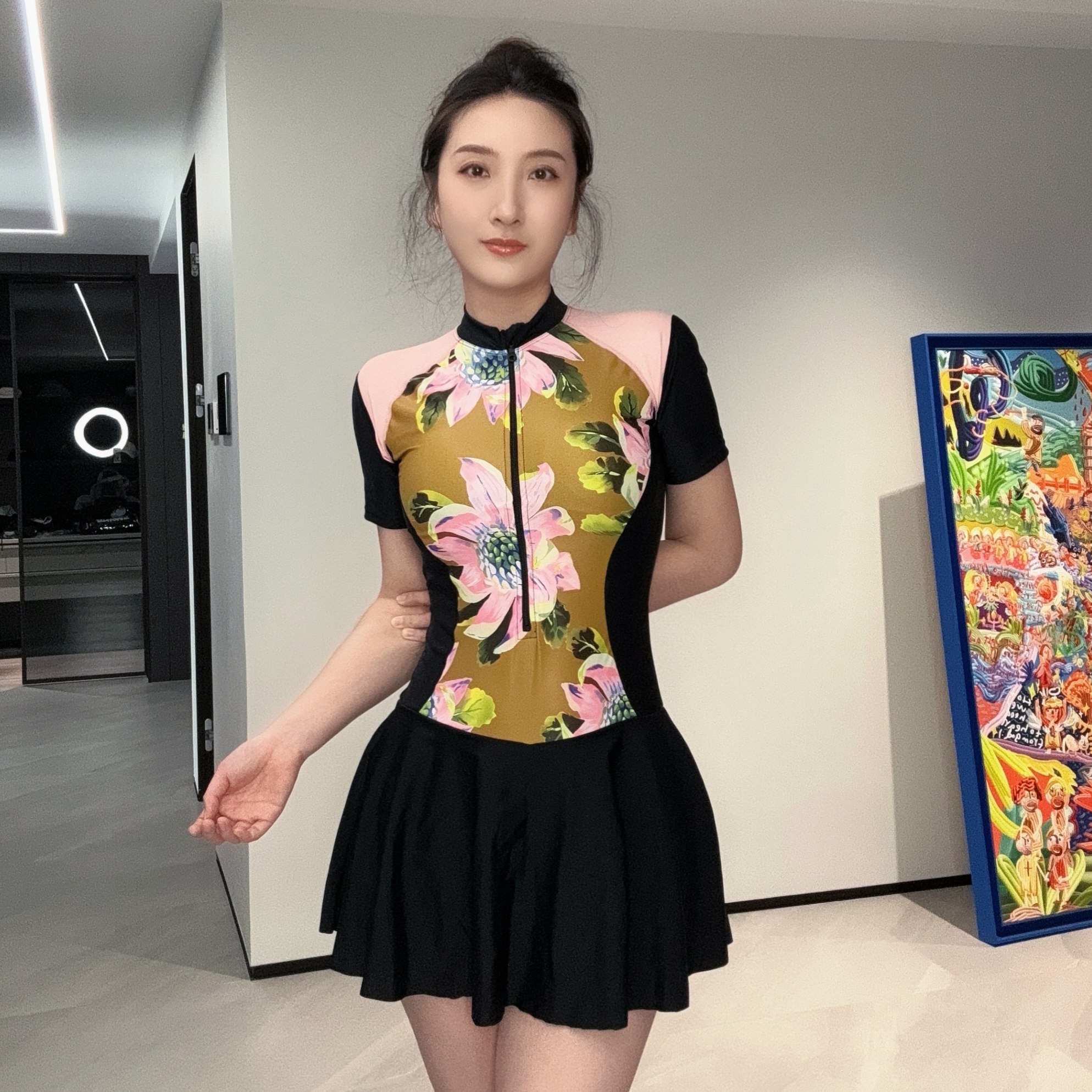 笑姐泳装女国潮风运动连体休闲大码保守遮肚裙式大码温泉冲浪度假