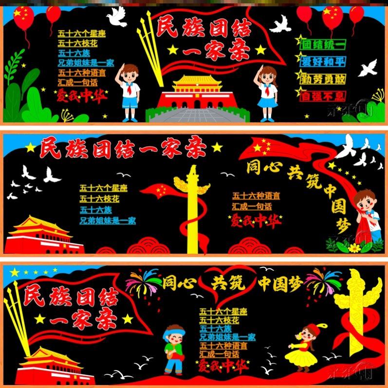 民族团结墙贴黑板报宣传栏学校走廊同心共筑中国梦毛毡墙贴小学
