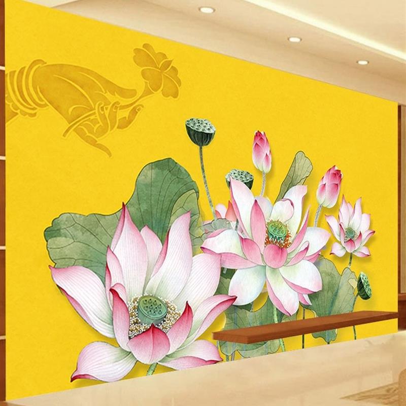 莲花荷叶墙纸养生会所瑜伽馆禅房佛堂背景墙装饰壁画佛手荷花壁纸图片