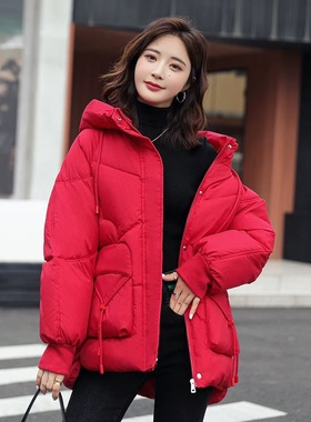 冬装韩版时尚连帽加厚保暖鹅绒服90绒大红色短款羽绒服清仓正品