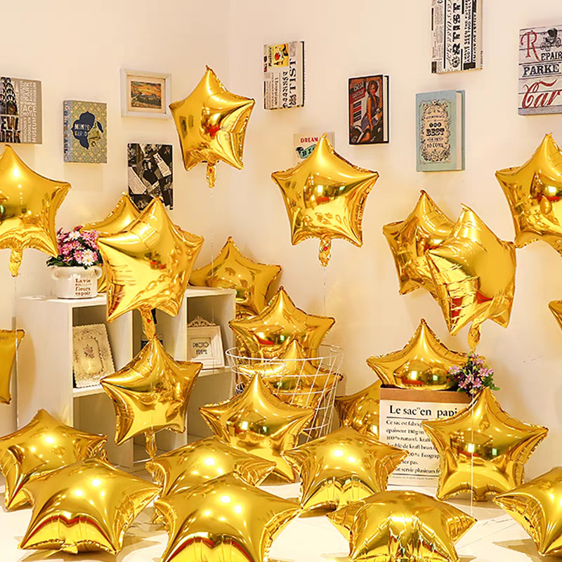 金色银色星星五角星四角星铝膜气球爱心节庆生日派对场景装饰布置