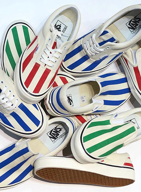 成长 vans era 一脚蹬 红 蓝绿色 条纹图案 男女经典款低帮帆布鞋