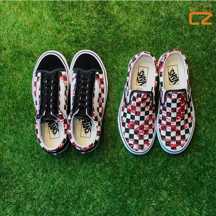 vans style36 一脚蹬黑白棋盘格字母图案 经典男女款低帮帆布鞋