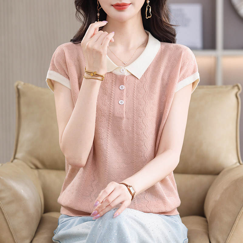 翻领短袖t恤女大码冰丝针织上衣