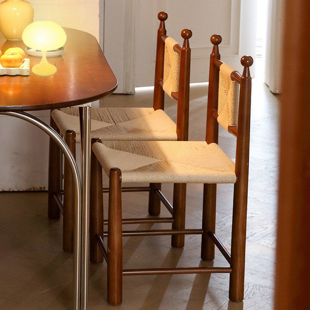 中复古绳编实木简约民宿轻奢阳台餐客厅创意休闲单人卧室靠背椅子