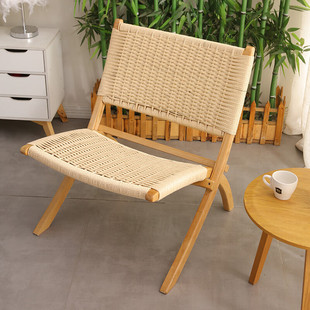 日式 折叠绳编 编绳折叠马鞍椅北欧藤编实木沙发躺椅客厅编织椅子