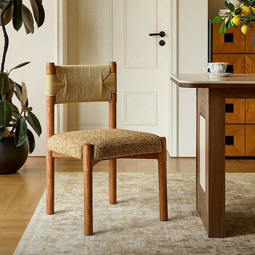 中复古实木软包餐椅设计师绳编舒适软包休闲化妆小户型书房单椅子