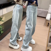 新款 女2025春季 大码 拖地裤 窄版 显瘦宽松弯刀阔腿裤 直筒牛仔裤