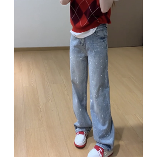 春季新款重工烫钻牛仔裤女2026大码宽松显瘦遮肉满天星直筒阔腿裤