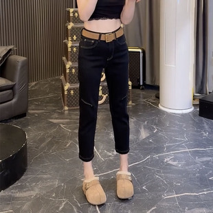 秋季新款黑色弹力牛仔裤女2025大码显瘦遮肉加绒八分直筒烟管裤子
