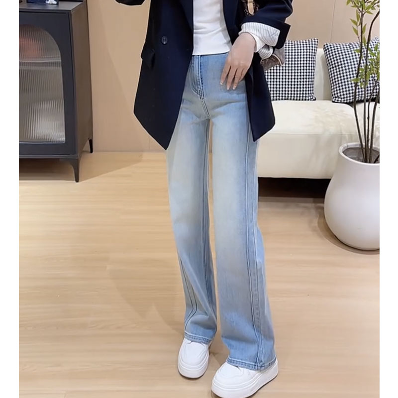 大码弹力直筒牛仔裤女2025春季新款高腰显瘦胖mm梨形身材窄版长裤