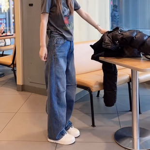 2025秋冬新款刺绣牛仔裤女大码显瘦直筒拖地裤遮肉时尚减龄阔腿裤