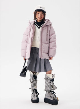 休闲甜美拉链连帽短款宽松加厚保暖女大童90绒羽绒服2025秋冬