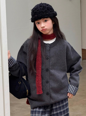 撞色格子拼接袖子灰色长袖针织开衫女秋冬新款圆领毛衣外套上衣