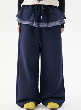 女中大童针织屁帘卫裤2025秋季新款假两件裙裤格纹双层屁帘卫