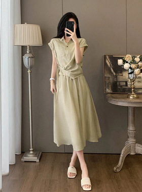 浅绿色休闲时尚套装裙女夏新款韩版亚麻衬衫半身裙两件套薄款