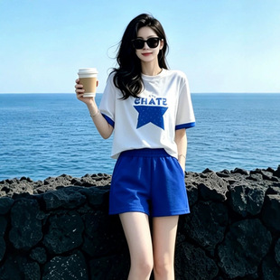 南油夏季时尚休闲套装女新款洋气减龄显瘦个性印花短袖短裤两件套