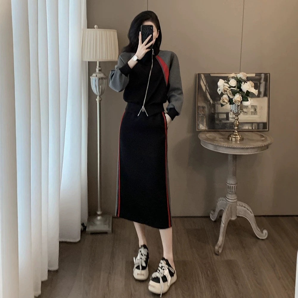 早秋新款高级感休闲运动套装女轻熟撞色拼接卫衣外套半身裙两件套