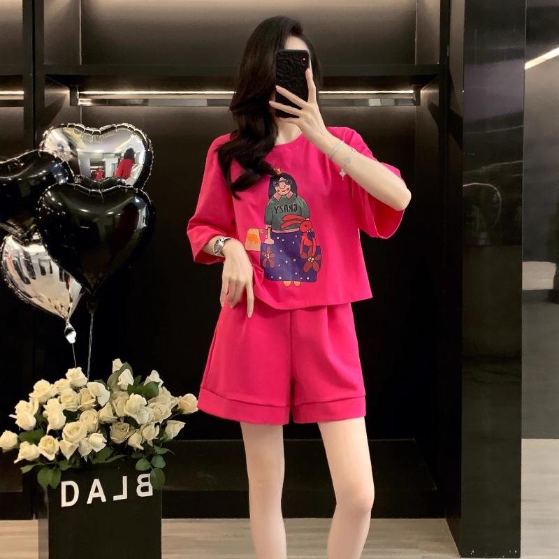 休闲运动套装女夏季宽松卡通印花粉色短款T恤短裤小个子两件套潮