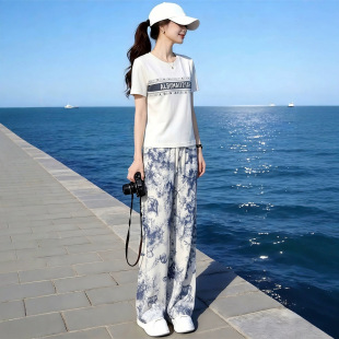 南油欧洲站运动套装女新款夏季时尚洋气提花阔腿裤两件套显瘦