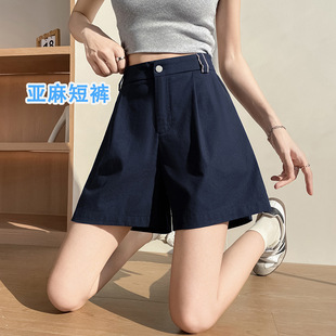 薄款 女夏季 大码 松紧腰大码 亚麻面料跑步运动裤 A字五分阔腿裤 短裤