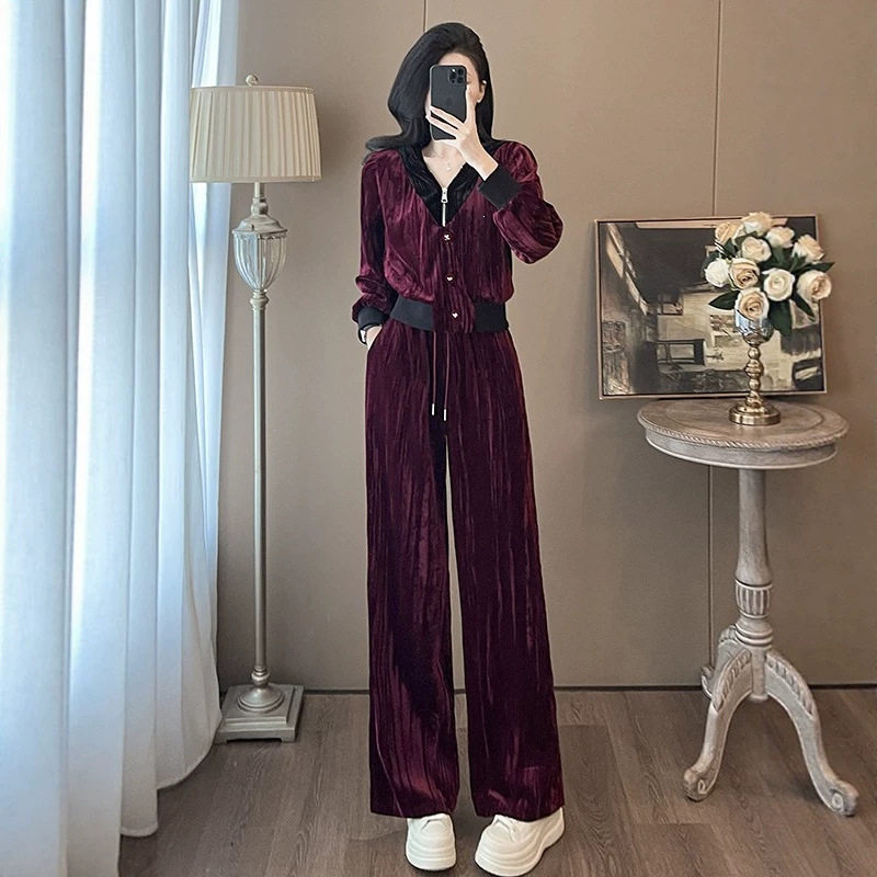 金丝绒休闲运动套装女秋季欧货高端时尚撞色V领上衣阔腿裤两件套