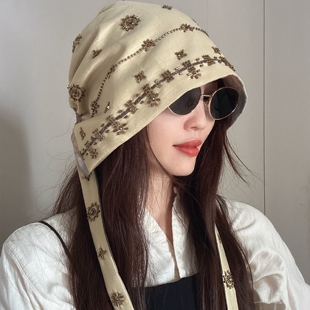 原创设计师款！纯手工钉珠六芒星包头帽堆堆帽双面戴头巾帽子女秋