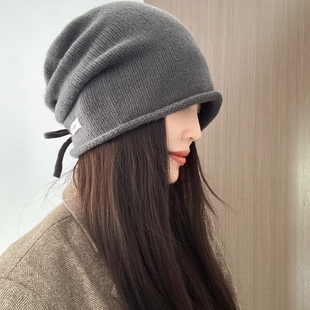 秋冬凹造型B备冷帽100％wool纯羊毛针织堆堆帽素颜社恐帽男女款