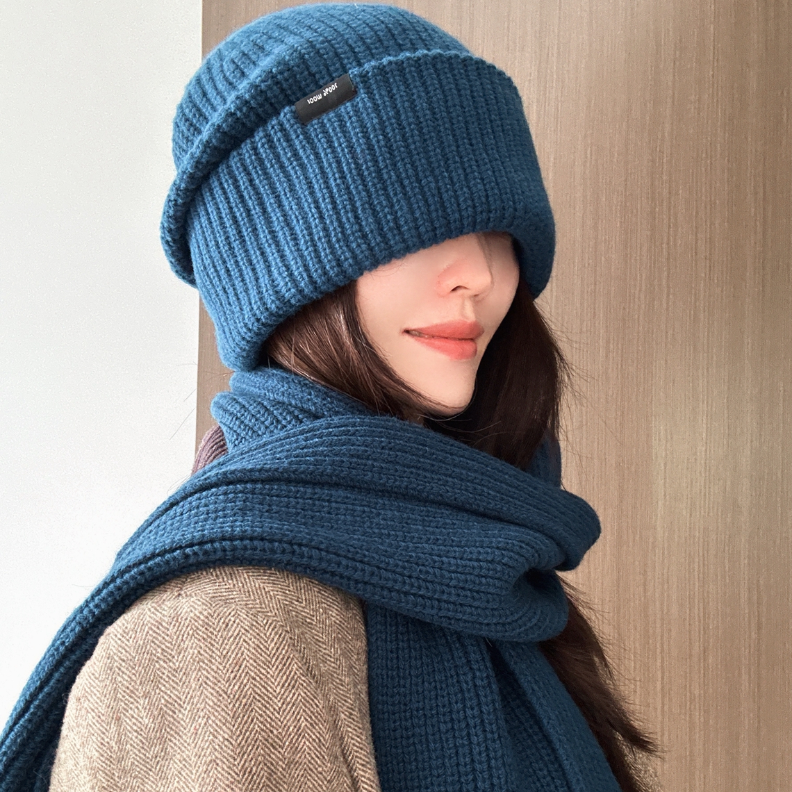 秋冬同色系帽子围巾套装美利奴