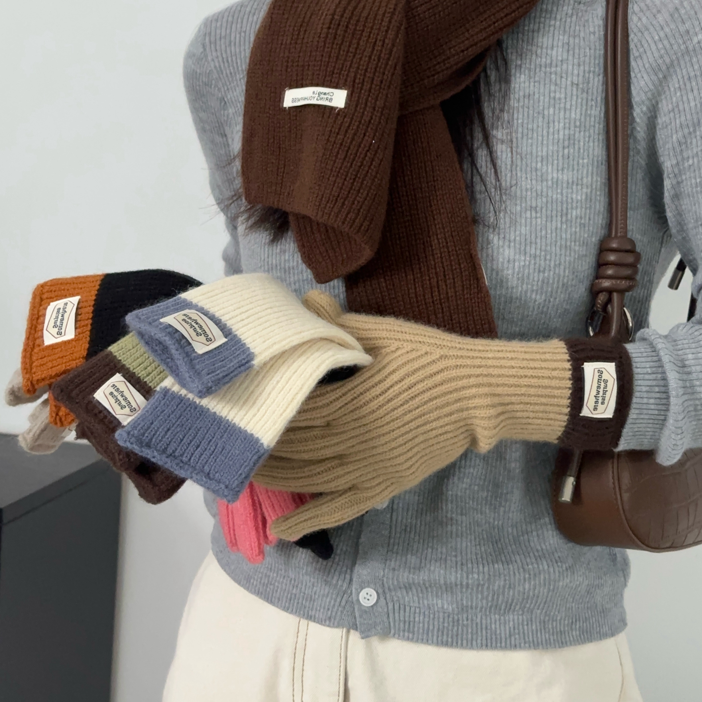 欧尼ins风拼色针织手套女保暖冬