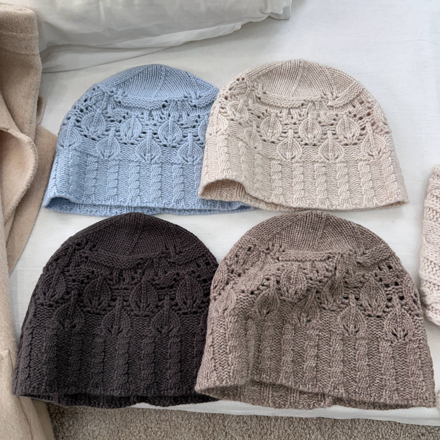 法式优雅显气质绞花镂空手工钩花100％绵羊毛包头针织帽女堆堆帽