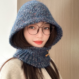 复古牛角扣老钱风夹花针织羊驼毛连帽围脖时髦保暖巴拉克法帽女冬