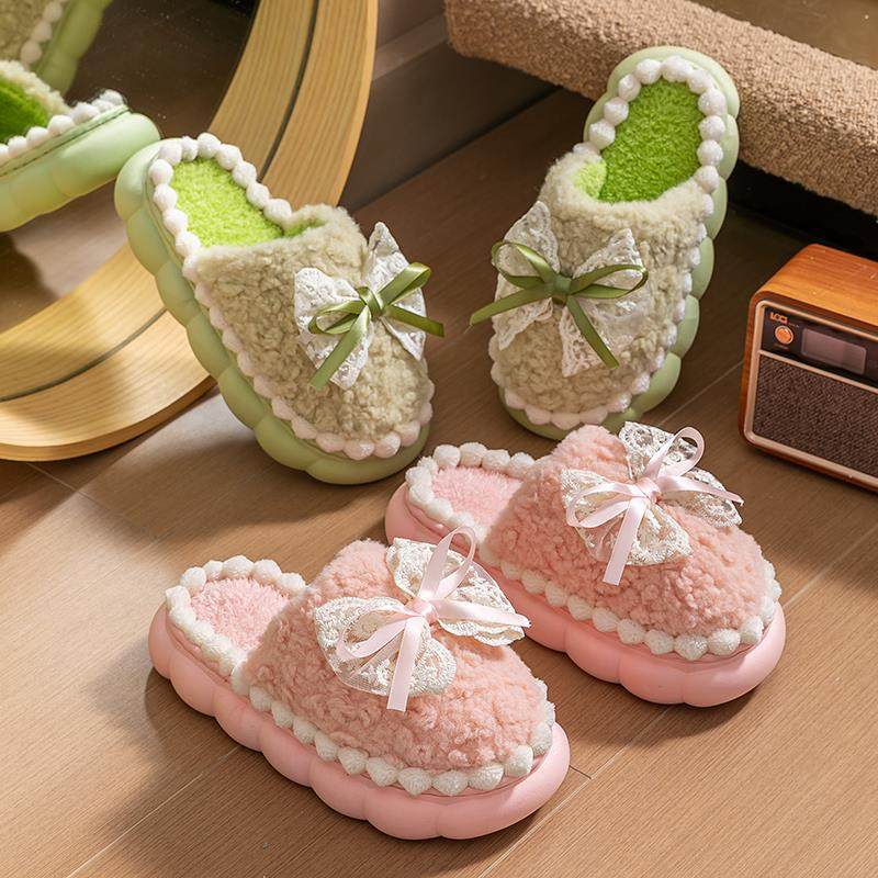 2025新款冬季棉拖鞋毛绒女士室内家居加厚底防滑蝴蝶结毛毛鞋保暖