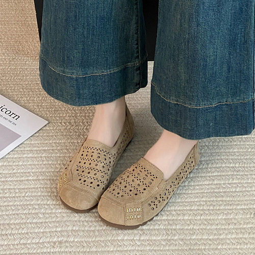 平底镂空透气单鞋女2026新款夏季磨砂皮豆豆鞋软底软面妈妈鞋凉鞋