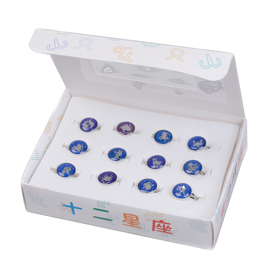 Hot selling childrens twelve constellations temperature sensitive mood color changing ring 12 mood rings in a box