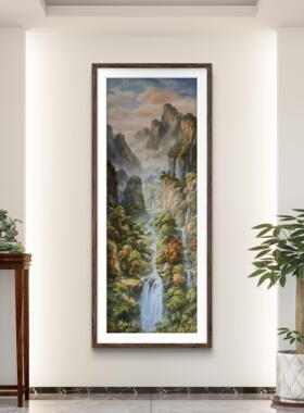 玄关风景油画山水画客厅挂画新中式油画入户走廊过道风景寓意壁画