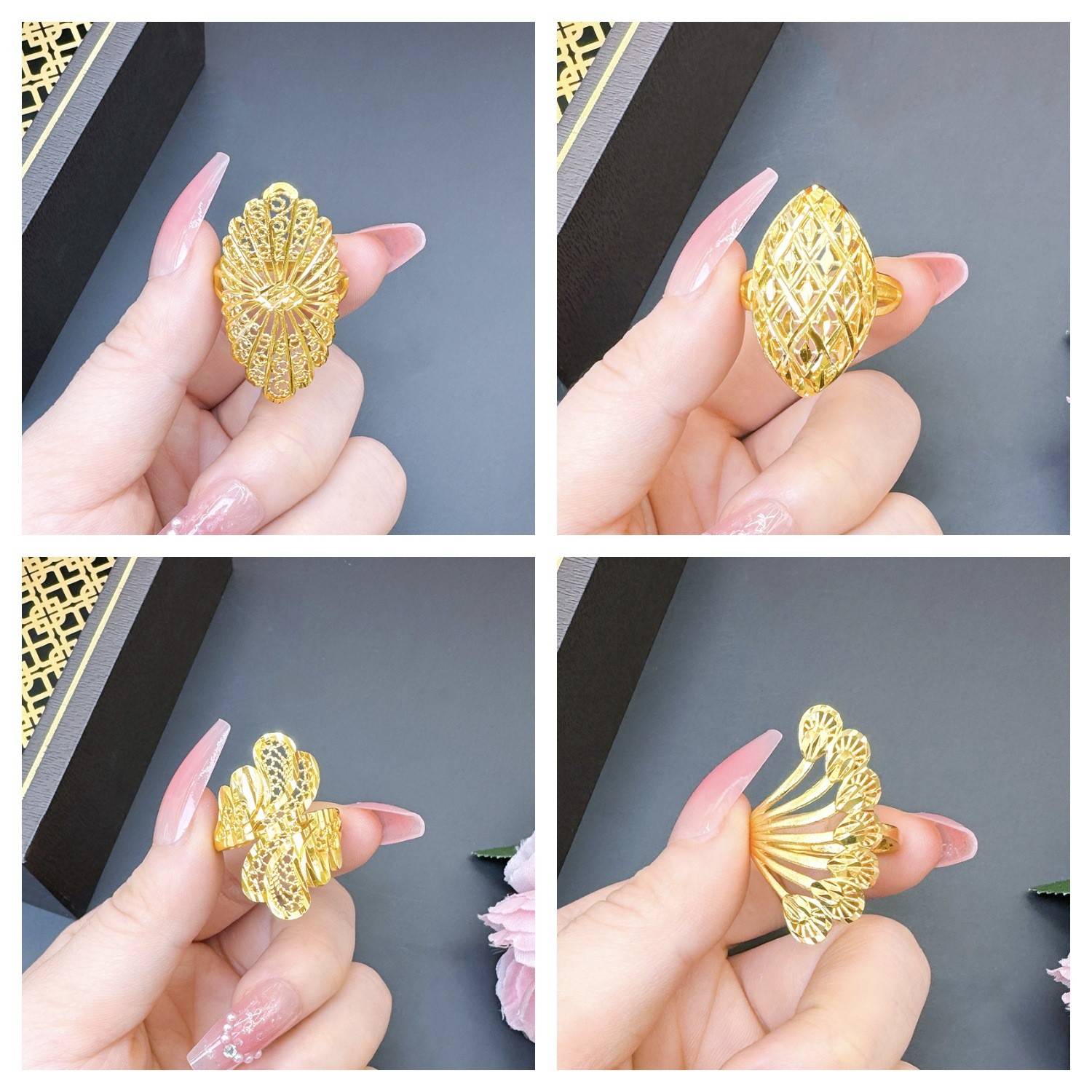 沙金戒指女久不掉色小众高级设计开口夸张真铜复古仿黄金配饰新品