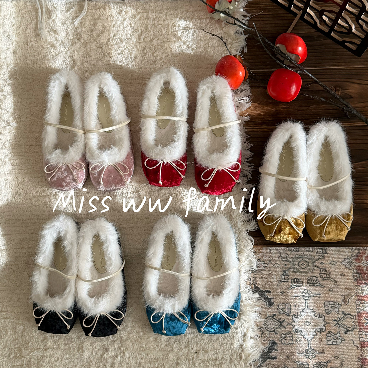 Miss ww family皮毛一体圆头芭蕾舞鞋单鞋毛毛鞋蝴蝶结加绒保暖