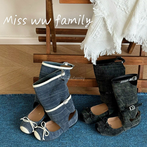 Miss ww family2026年新款凉靴女童牛仔布中筒靴软底