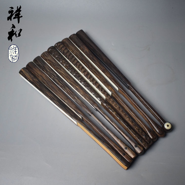 95寸老料手工全棕大水滴和尚挑灯方头文玩折扇棕竹金丝竹宣纸苏工