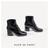 秋冬简洁日常百搭气质方头舒适粗跟亮面牛皮后拉链女式 短靴时装 靴